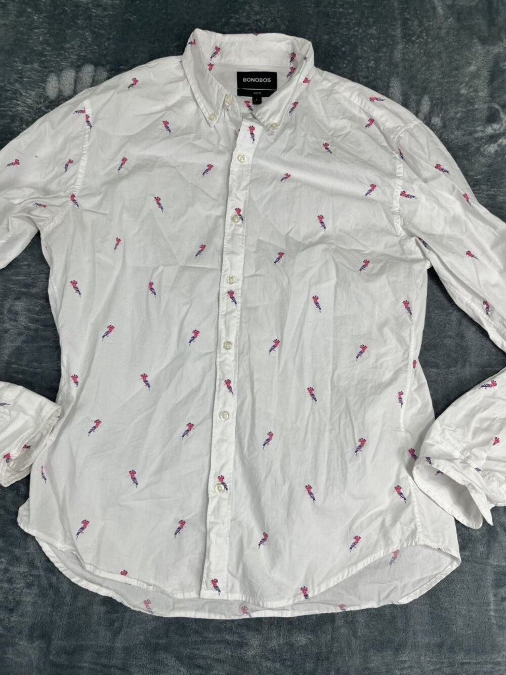 Bonobos Mens Slim Fit White Bird Embroidered Button-Down Shirt L
